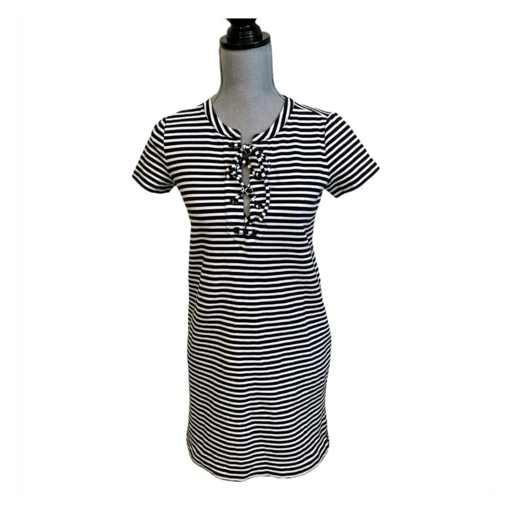 J. Crew Size XXS Stripe Lace Up Shift Knit Dress Blue White - Picture 3 of 7